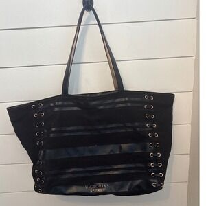 Victoria's‎ Secret Black Striped Canvas Tote Bag Lace Up Gold Grommets Large
